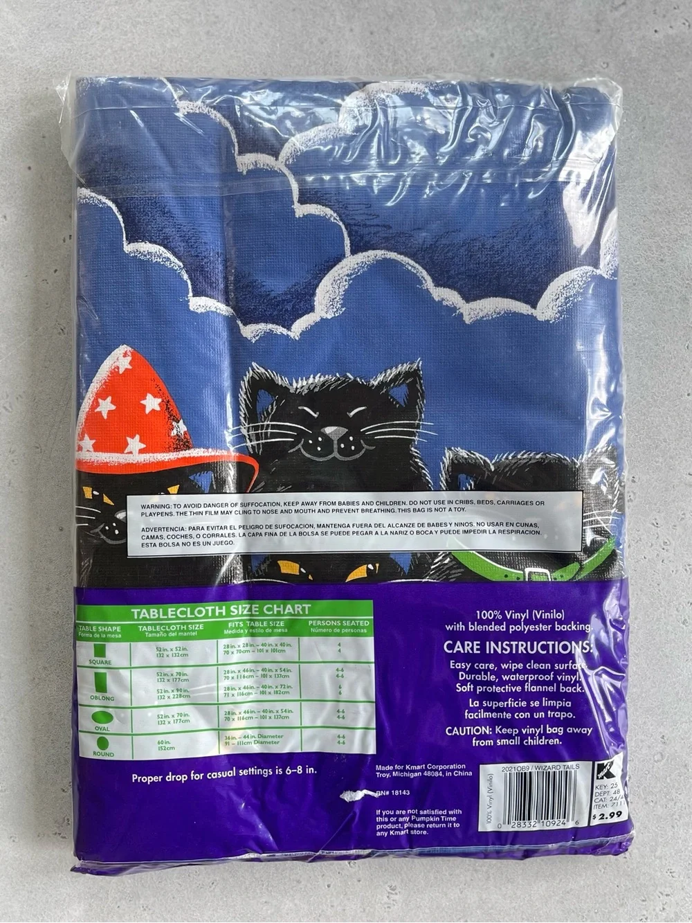 Vintage Halloween Vinyl Tablecloth Witchy Black Cats Pumpkin Time 90s 52”x90